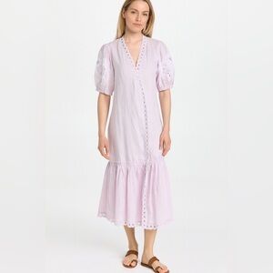 Lavender Eyelet Embroidered Puff Sleeve Linen Midi Dress NWT